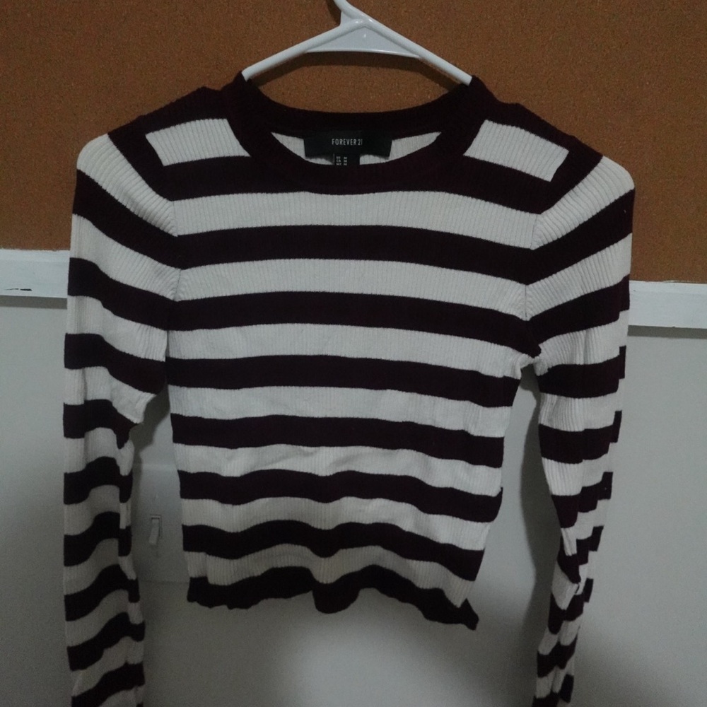 Forever 21 Women's Striped Maroon and White Top